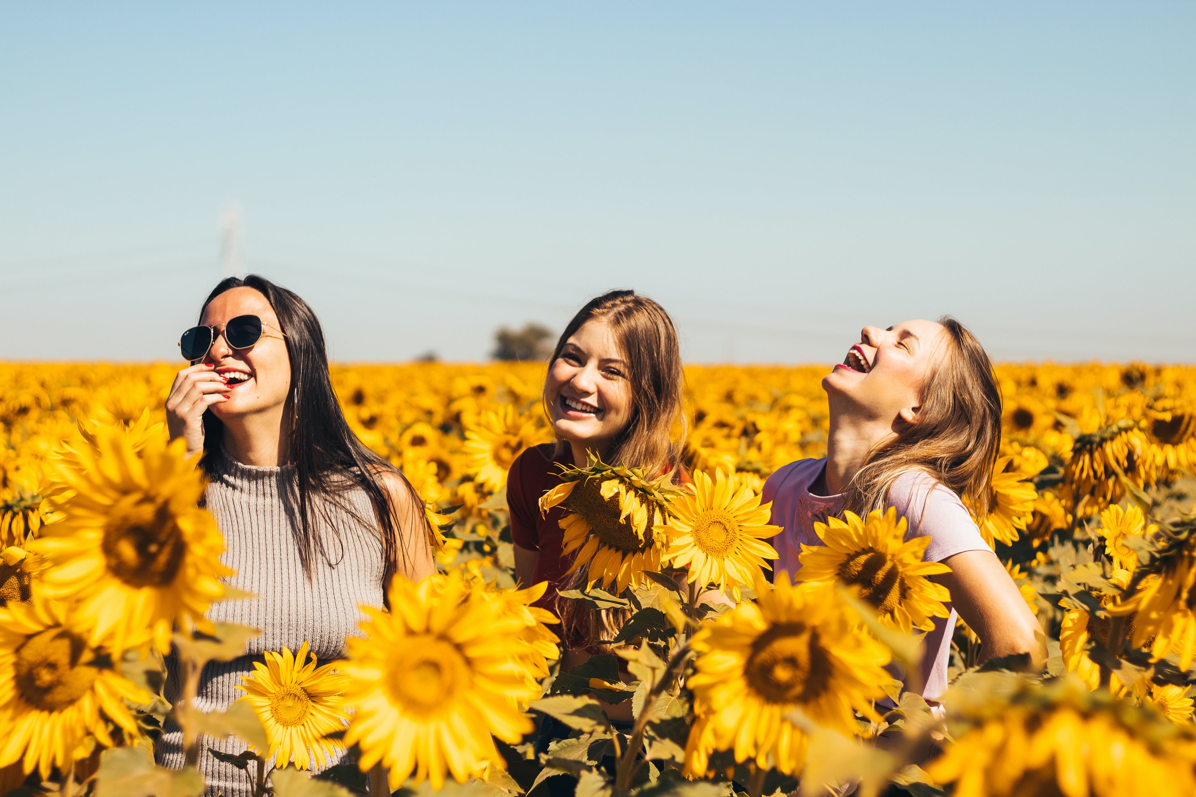 Frauen, die in einem Sonnenblumen Feld stehe und von ihrer Erfahrung mit der BioMetrics®Cura One Gesundheitsuhr berichten